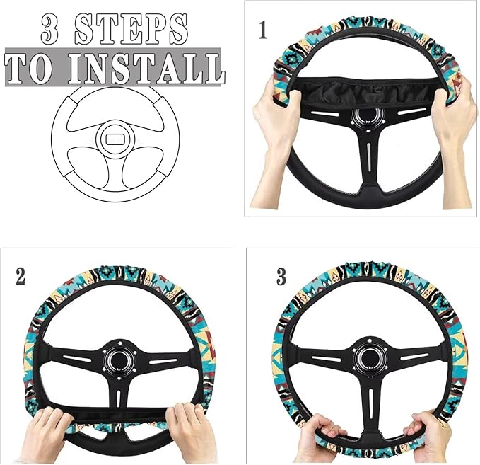 SEANATIVE Universal 15 inch Auto Car Steering Wheel Cover Aztec Turquoise Print Neoprene Car Steering Wheel Protector Cover fit Most Van Truck SUV