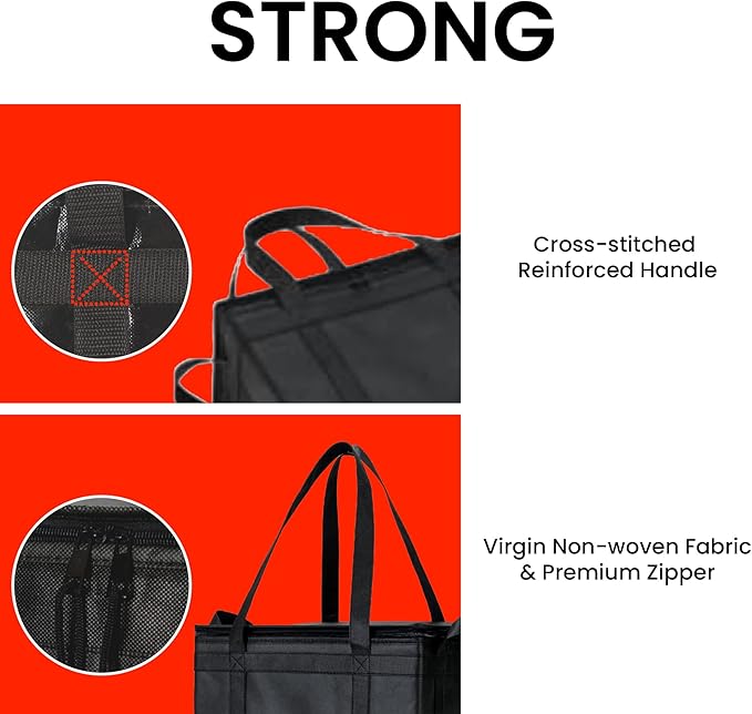 NZ home Insulated Bags for Food Delivery (Large) Grocery Shopping Cooler Bag, Pizza Delivery, Hot & Cold Catering Tote, Reusable, Foldable & Heavy Duty (2 Pack, Black)