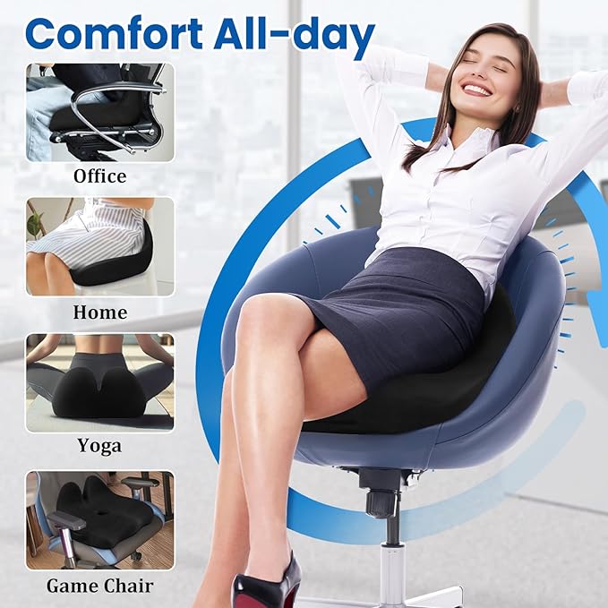 Seat Cushion, Ergonomic Memory Foam Seat Cushions for Office Chairs, Car, Long Trip, Desk Chair, Lab, Extra Large Size for Sciatica & Hip & Tailbone Pain Relief, Sciatica Support (Black)