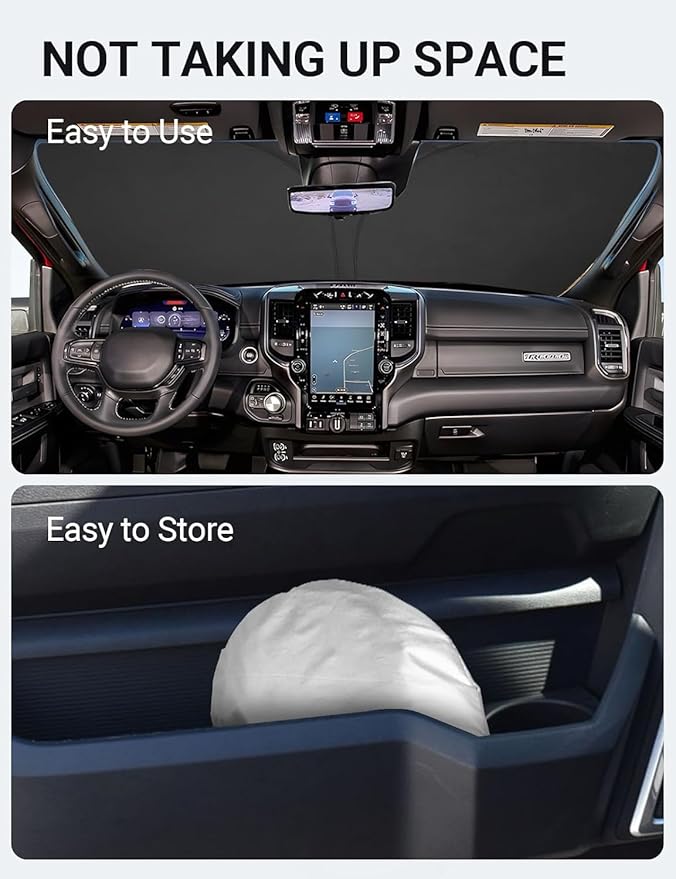 Proadsy 2026 Upgrade Windshield Sun Shade Custom Fit Dodge RAM 2500 3500 2010-2025 2026 4-Layer Foldable Front Sunshade Protector Sun Visor Blocks UV Rays Keep Car Cooler