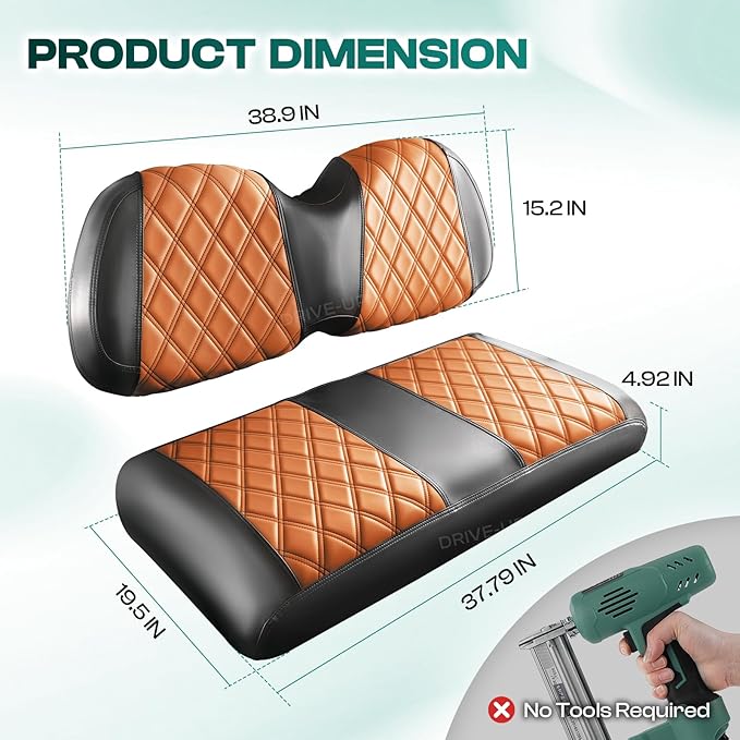 DRIVE UP Club Car Diamond Seat Covers, Brown Diamond Golf Cart Front Seat Covers Fits for Club Car Precedent Golf Carts, Black Stitching Seat and Backrest Leather Covers, Anti-Scratch and Waterproof