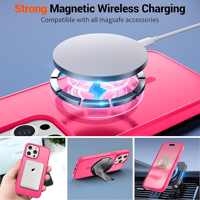 SUPFINE Magnetic for iPhone 15 Pro Max Case (Compatible with MagSafe) (Military Grade Drop Protection) Slim Translucent Matte Shockproof with Anti-Fingerprint Phone Case,Hot Pink