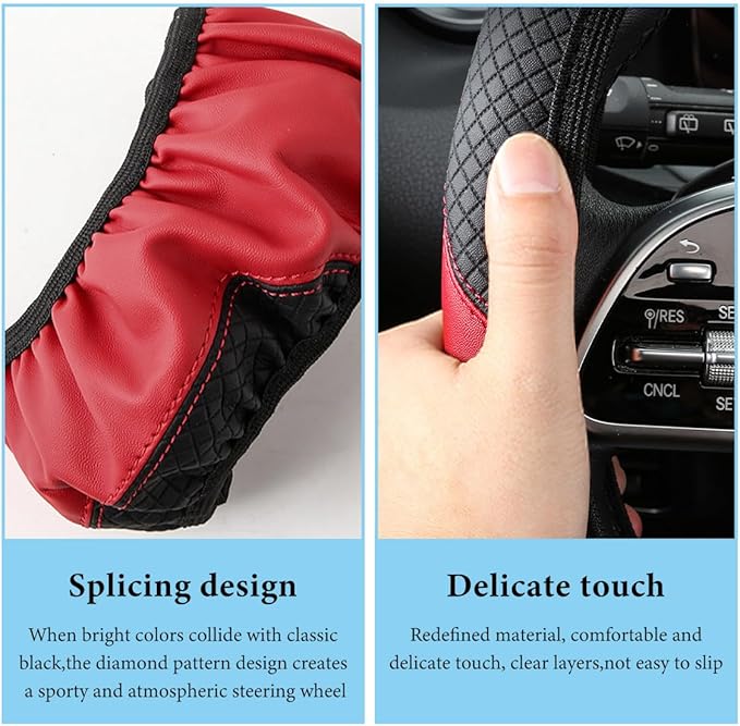 Car Steering Wheel Cover, 15 Inch Anti-Slip Stretch Leather Steering Wheel Protector, Comfortable Breathable Sporty Steering Wheel Cover for Women Men, Car Accessories (Black & Red, AD)
