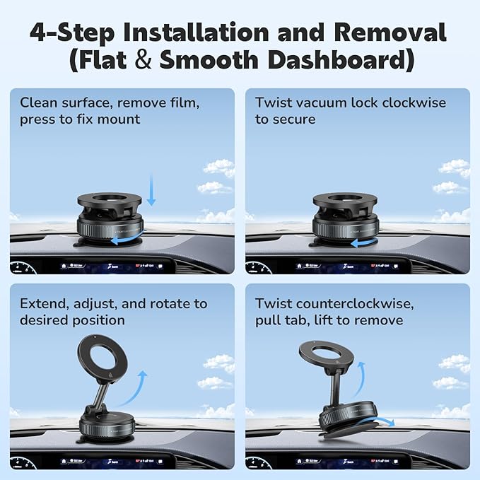 Upgraded Magnetic Phone Holder for Car, 360° Adjustable Vacuum MagSafe Car Mount, Reinforced 98 LBS Ultra Suction Cup Foldable Bracket, Works with iPhone, Android and All Smartphones
