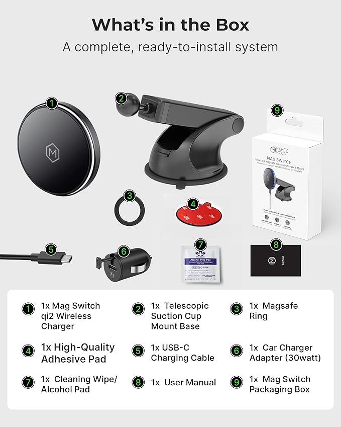Mag Switch Qi2 Mag Safe Wireless Telescopic Suction Cup Mount, 15W Fast Charger with a Built in on/Off Switch for Smarter Charging, Strong N52 Magnets, Compatible with iPhone 12-17
