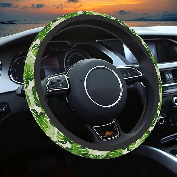 Green Palm Leaves Steering Wheel Cover, Cute Print Steering Wheel Cover Protector, Ultra Thin Breathable Non-Slip, Car Accessories for Women, for Steering Wheel with a Diameter of 14.5"-15"