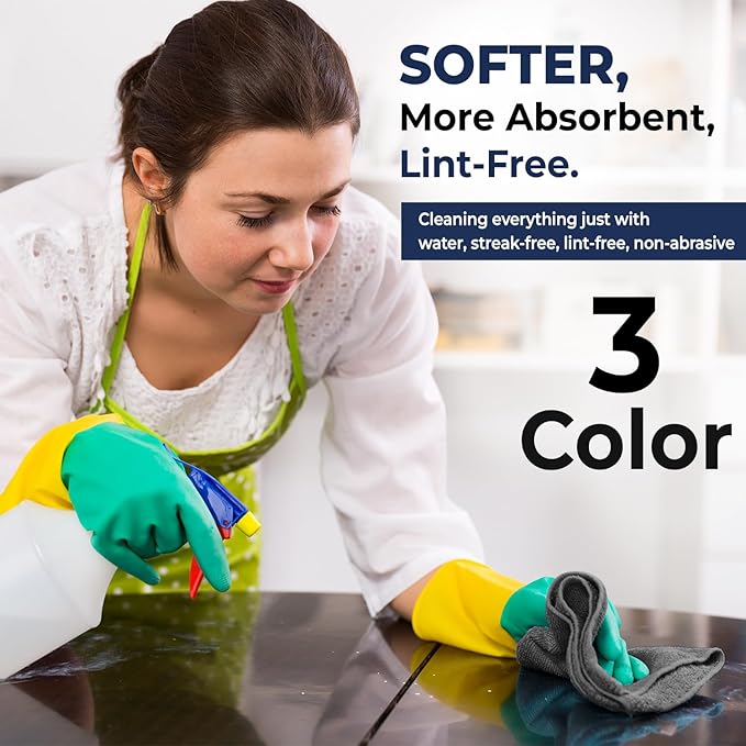 SAIU Microfiber Cleaning Cloths 16x16 in Grey/Blue/Yellow Higher Absorency 12 Pack, Car Washing Cloth Dry Dust Polish Multiple Uses