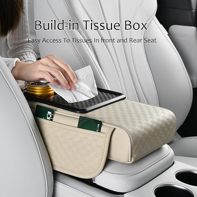 Car Center Console Armrest Pad, Arm Rest Box Cushion with Ergonomic Height Boost, Storage Pockets, Built-in Tissue Box, Cupholder, Fit for Most Sedan Vehicles (Embossing Checkerboard, Orange)