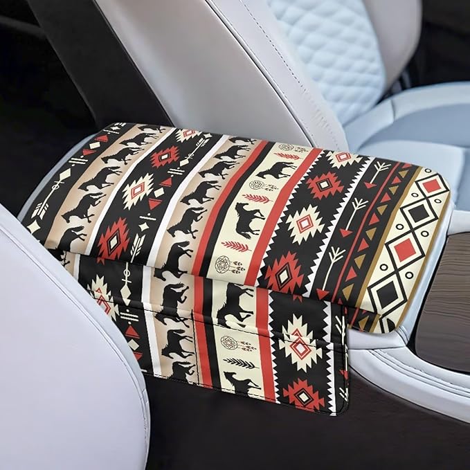 Dreaweet Aztec Horse Car Center Console Cover with Pockets Soft Thick Car Armrest Cushion Non Slip Scratch Proof Car Arm Rest Cover Pad Universal for Most Vehicles