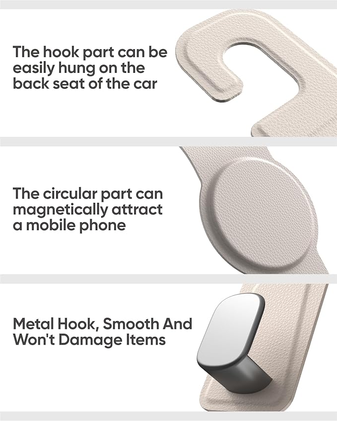 Car Headrest Hook with Swivel Magnet Phone Holder for Magsafe, 2-in-1 Double Hooks Hanger for Purse Bag, 360° Rotating Hands-Free Car Accessories for Handbag Coat Umbrella(1 Pack Milkshake White)
