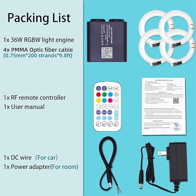 36W 4-Head 4 Color RGBW Twinkle Fiber Optic Lights, Starlight Headliner Kit with Total 800pcs*0.75mm/0.03in 9.8ft Optical Fiber Cables+Remote and APP Control for Car and Home Interior Decoration