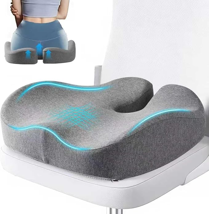 Seat Cushion, Office Chair Cushion for Sciatica, Coccyx Cushion, Ergonomic Memory Foam Seat Cushion for Car, Home, Pressure Relief Pad for Hip, Tailbone, All Day Comfort - Gray