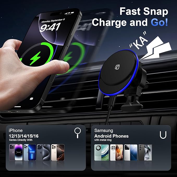 Wireless Mag Car Mount Charger for Samsung Galaxy S26 Ultra S26 Plus S25 Ultra S24 FE S23 Plus S22 S21 S20, 15W Magnetic Auto Phone Charging Car Wireless Charger for Google 10 9A 8A 7 8 9 Pro Fold XL