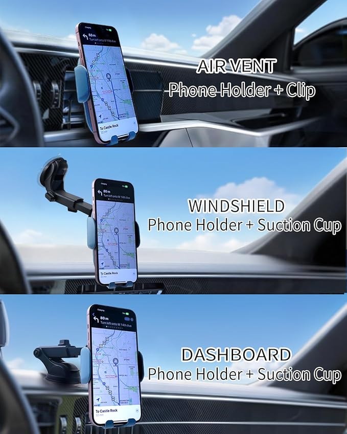 Wireless Car Charger Mount with Air Vent Clip & Suction Base, 15W Fast Auto-Clamping Charging Phone Holder for iPhone 17/16/15/14, Samsung S24/S23, etc.(Blue)