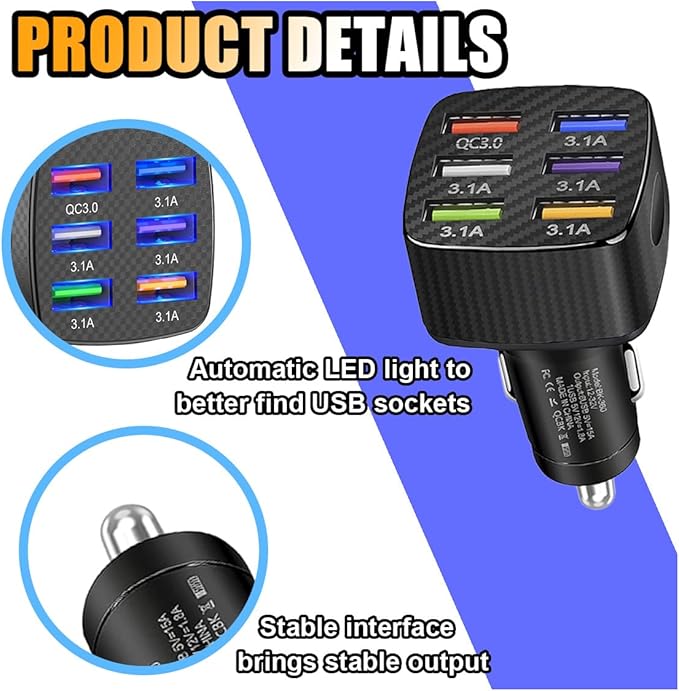 Car Charger Adapter, 6 USB Multi-Port Fast Charger QC3.0 USB Smart Shunt Cigarette Lighter Charger, Car Phone Charger for iPhone, Android, Samsung, Galaxy