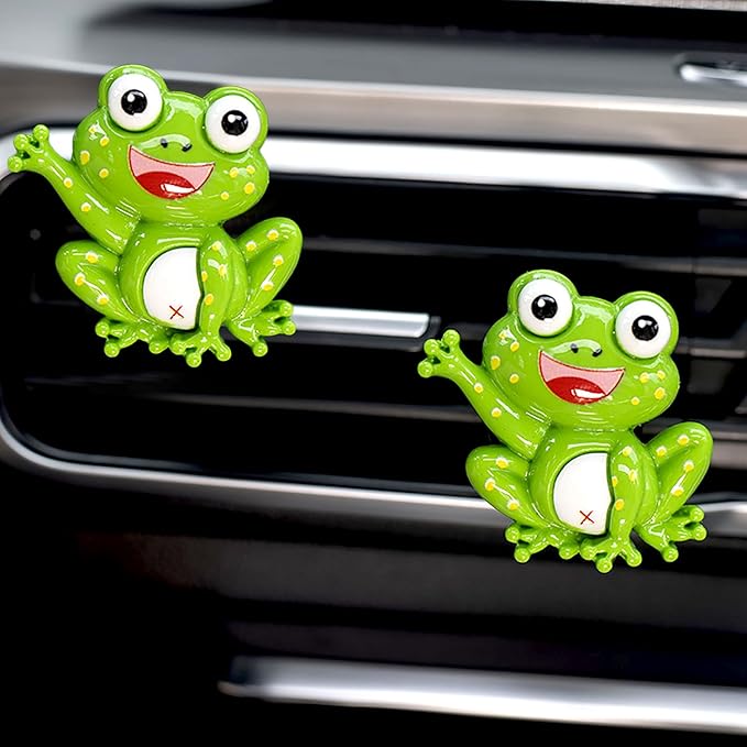 Dotesy 7 Pcs Fluffy Cartoon Frog Car Steering Wheel Cover Set, Wool Steering Wheel Protector with Cup Coasters, Soft Plush Rear Mirror Cover Accessories for Women (Green Frog)