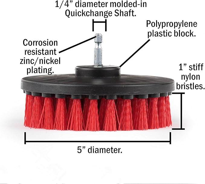 5 Piece Soft, Medium and Stiff Power Scrubbing Brush with 6 Inch Size Extender Drill Attachment for Cleaning Showers, Tubs, Bathrooms, Tile, Grout, Carpet, Tires and Boats by DrillStuff