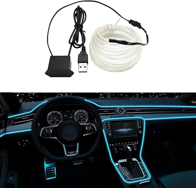 EL Wire Interior Car LED Strip Lights, LEDCARE 16.5FT USB Neon Glowing Strobing Electroluminescent Wire Strip with 6mm Sewing Edge, Ambient Lighting Kits for Car Inside Decoration (Ice Blue)