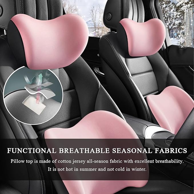 Car Headrest & Lumbar Support Cushion, Ergonomic Memory Foam Car Neck Back Support w/Removable Cover, Universal Breathable Lumbar Cushion Headrest Pillow with Adjusatble Strap (Pink)