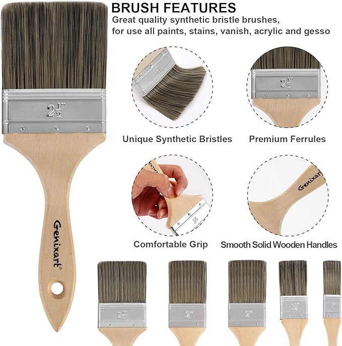 Double Thick Chip Paint Brush Set,Wood Stain Brushes for Painting Walls and Fence Staining, Wooden Handle Masonry Paintbrush for Varnish, Paste and Gesso (5 Pack Assorted Sizes)
