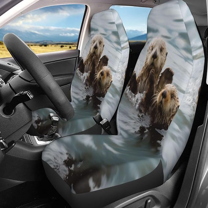 Delerain Car Seat Covers Set 2Pcs, Sea Otters Swim Universal Front Car Seats Vehicle Enterior Protector Suitable Fits Most Car Auto SUV Sedan Truck