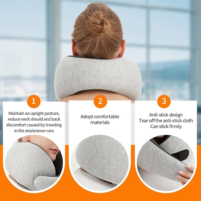 Travel Neck Pillow for Airplane – Memory Foam 360° Support Compact Design Ergonomic Flight Pillow for Sleeping & Neck Support Portable Travel Pillows for Adults, Car, Office Home (Grey)