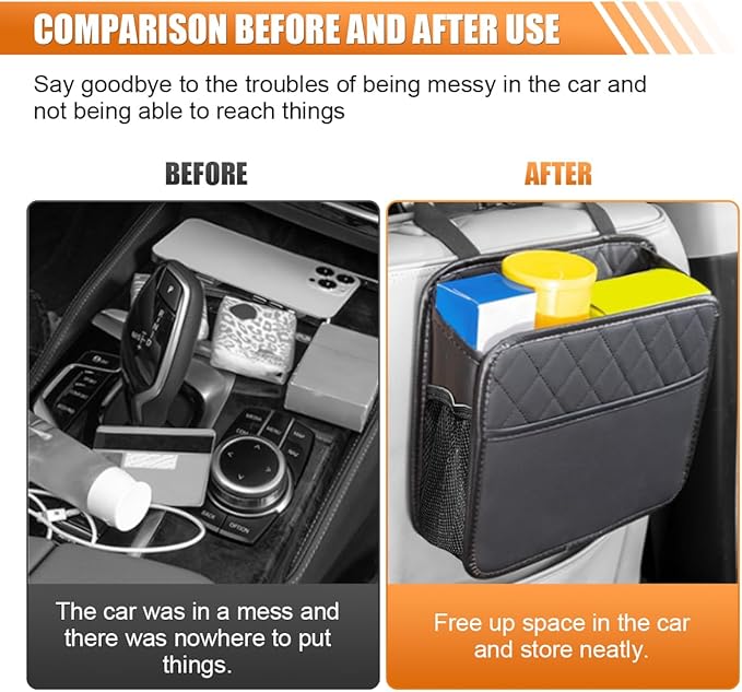 LAINLOY Foldable Car Seat Back Organizer, Large Capacity Hanging Car Backseat Storage Bag with Cup Holders, PU Leather Waterproof Car Trash Bag Can, Car Travel Accessories for Most Vehicles (2)