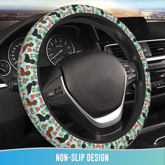 Elastic Steering Wheel Cover Car Accessories Cute Universal 15 Inch Absorbing Sweat Non-Slip Breathable for Man Woman, Cute Dachshund Floral