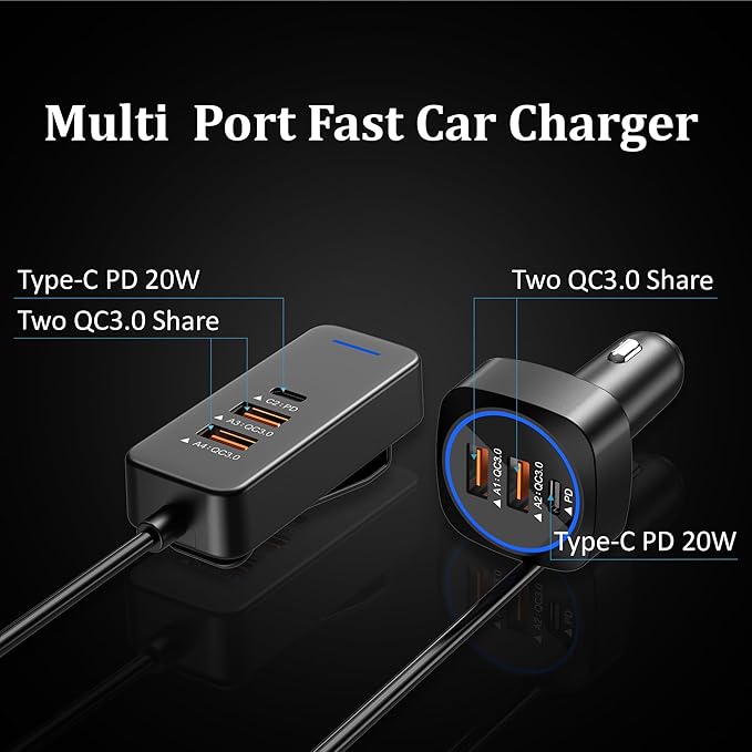 Car USB Charger Multi Port with 5.9FT Extension, QC3.0 76W Fast Charging Cigarette Lighter USB C Charger Adapter Multiple Ports for Mobile Phones and ipad