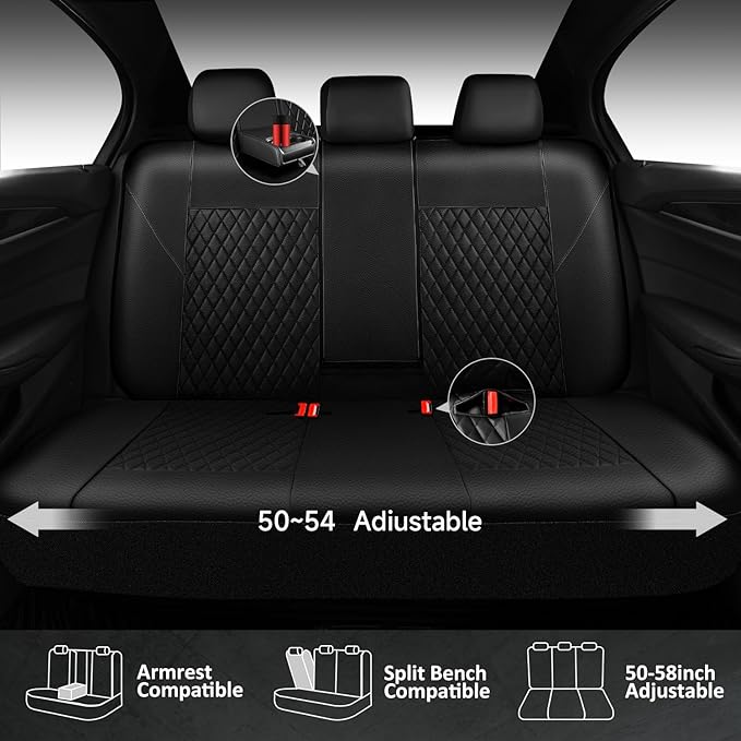 CAR PASS Quilting Faux Leather Seat Covers Full Set, Waterproof Deluxe Premium Seat Cover with 5mm Composite Sponge Inside, Airbag Compatible Auto Seat Cover Universal Fit for 95% Sedan SUV Van, Black