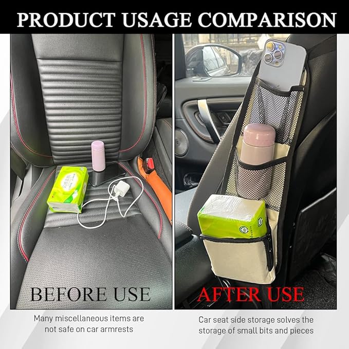 2PCS Car Seat Side Organizer, Seat Side Storage Pocket, Multifunctional Mesh Net Pocket, Car Multi-Pockets Backseat Organizer Side Hanging Bag for Storage Coins, Cell Phones (Beige, 2PCS)