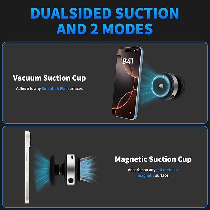 Electric Vacuum Magnetic Car Phone Holder, Automatic Suction, Effortless Release for Easy Storage, Suction Phone Mount Compatible with Magsafe iPhone and Android Case, Black