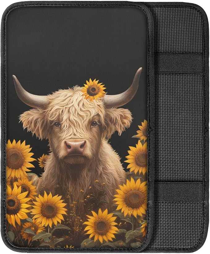 Highland Cow Print Car Center Console Pad Sunflower Print Armrest Seat Box Cover Protector for Auto Interior Decor Dust-Proof Universal Neoprene Armrest Pad