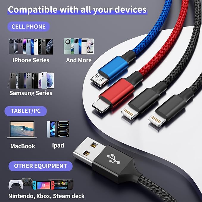 IDISON Travel 4 in 1 Multi Charging Cable with Dual IP/Type C/Micro USB, 2Packs 5FT Car Accessories iPhone Charger Cord for Multiple Devices, Universal USB Cable for iPhone17-8/iPads/Tablets and More