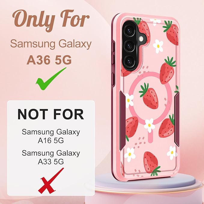 for Samsung Galaxy A36 5G Phone Case - Compatible with MagSafe Women Girls Cute Magnetic Protective Cover Girly Kawaii Strawberry Heavy Duty Shockproof Design for Samsung A36 5G Cases 6.7"