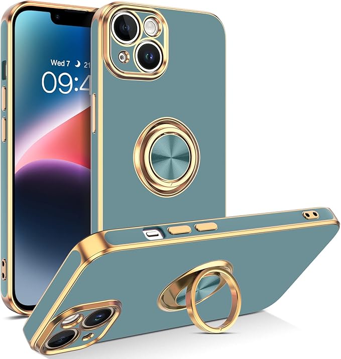 VENINGO iPhone 14 Case,Phone Cases for iPhone 14,Slim Fit Soft 360° Ring Holder Kickstand Magnetic Car Mount Supported Easy Clean Shockproof Protective Cover for Apple iPhone 14 6.1", Blue Grey/Golden