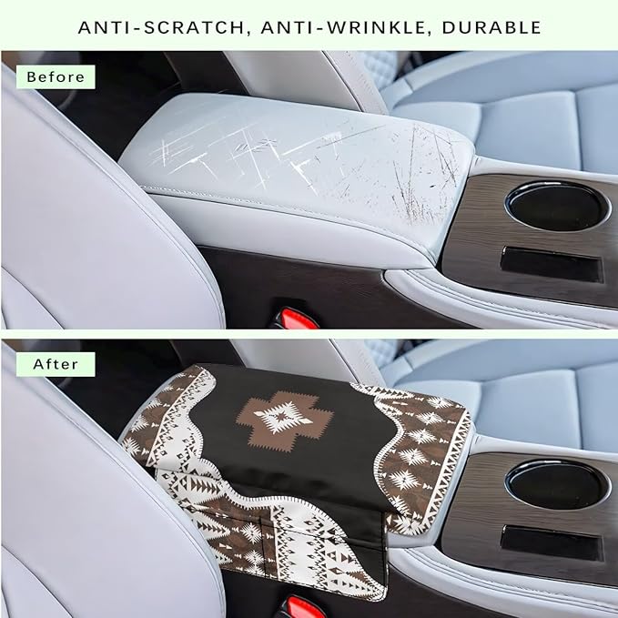 Wanyint Southwest Aztec Black Brown Car Center Console Cover Comfortable Armrest Storage Box Mat Anti-Scratch Middle Console Cover Protective Cover Universal Fit Most Vehicle, SUV, Truck