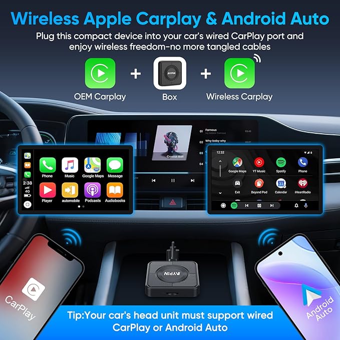 Upgraded Wireless CarPlay Adapter, 3-in-1 Wireless Carplay & Android Auto& Video Adapter, Built in Netflix YouTube Support TF Card, Plug & Play, USB Type C, USB Type A Compatible with iPhone & Android