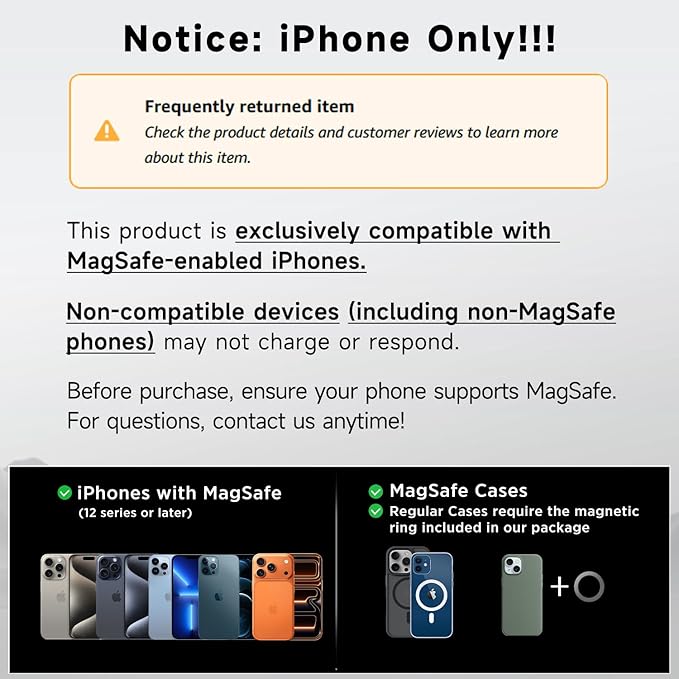 ACMEZING 15W Only for iPhone MagSafe Car Mount Charger, 360% Adjustable Aluminum Alloy Arm, Relocatable Car Phone Holder, Magnetic Wireless Fast Charging, Cell Phone Holder for All Car Models, Black