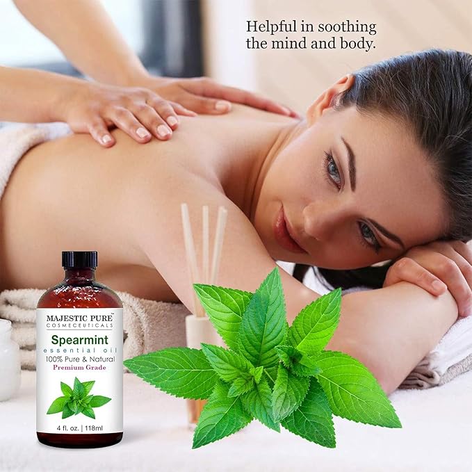 Majestic Pure Essential Oil with Glass Dropper - 100% Pure and Natural - Essential Oils for Diffuser, Aromatherapy, Soap and Candle Making, Spearmint Essential Oil, Spearmint Oil, 4 Fl Oz
