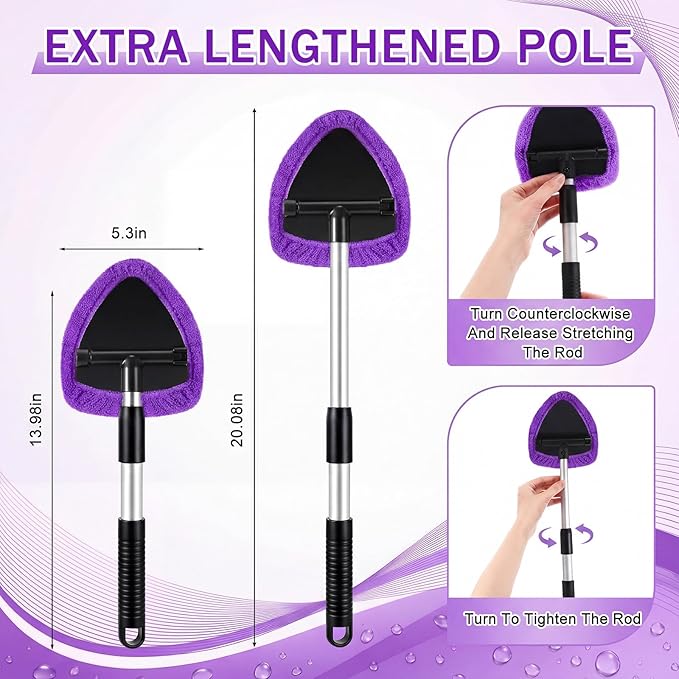 FoldTier 8 Pcs Car Windshield Cleaner Kits with Extendable Handle, 5 Microfiber Towel Pads, 1 Brush, 1 Empty Spray Bottle for Auto Glass Wiper Suvs Rvs & Home Windows(Purple)