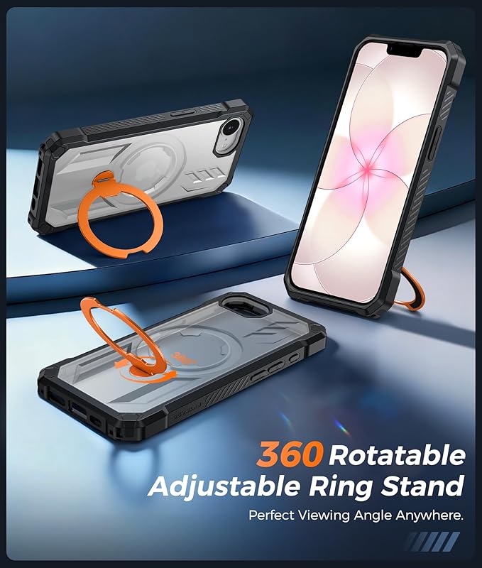 FNTCASE for iPhone 17e Phone Case: for iPhone 16e Case with [360 Spin Magnetic Ring Kickstand] [Compatible for MagSafe] [Screen Protector] Heavy Duty Military Grade Protection Case Translucent Orange