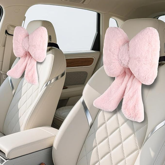 2 Pack Bow Car Headrest Pillows Plush Neck Pillows for Travel Driving Office Chair Head Support Cushions, Also Cute Car Decor Accessories for Women (Pink)