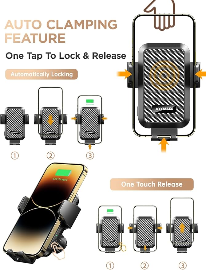 Wireless Car Charger, 15W Fast Charging Auto Clamping Car Charger Cell Phone Holder Mount Vent for iPhone 15 14 13 12 Mini Pro Max 11 XR XS X, Samsung Galaxy S23 Ultra S22 S21+ Note 20, etc