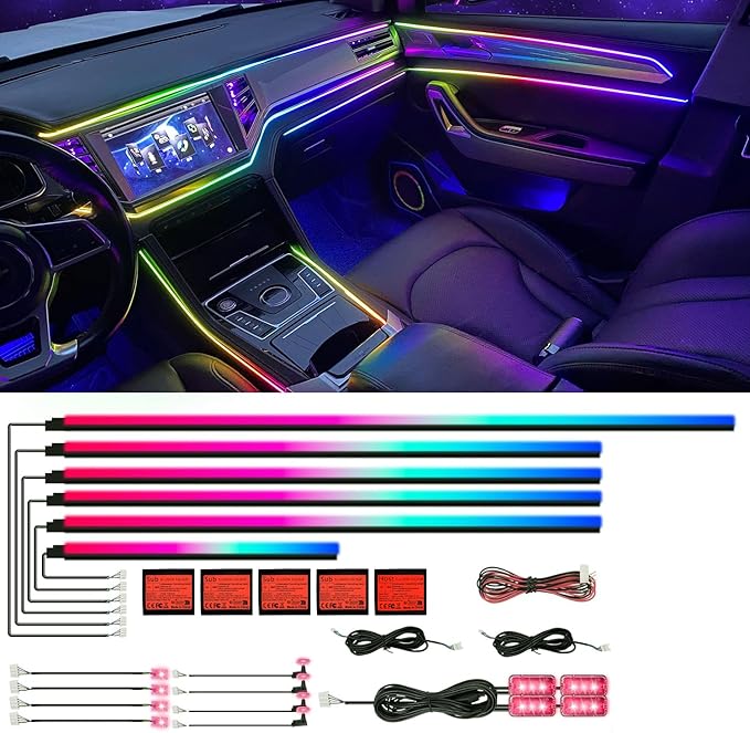 HMYC Acrylic Interior Car LED Strip Light with APP, 18-in-1 128 Colorful 6 Pieces Fiber Optic Car Decoration Atmosphere Light Kits, Dual Zone Music Sync Rhythm RGB Neon Lighting for All Cars