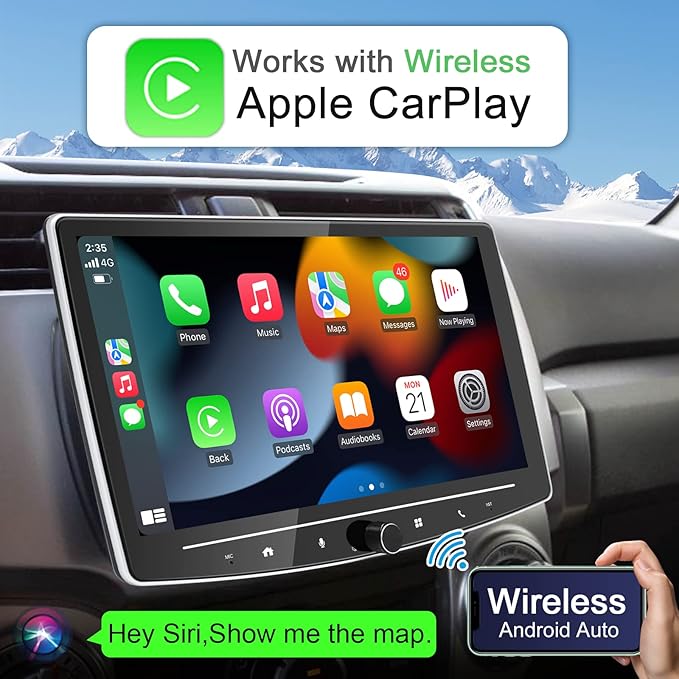 Double Din Car Stereo Wireless Apple CarPlay Android Auto,10 in Android Car Radio Head Unit with QLED Touchscreen, Bluetooth,WiFi, GPS Navigation, FM/USB/SWC/AUX/Subwoofer