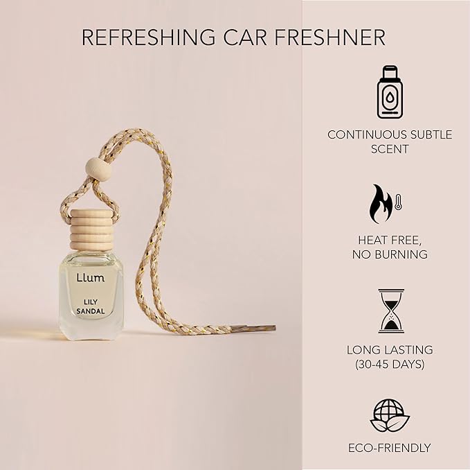 Llum Lily Sandal Hanging Car Air Freshener – Luxury Automotive Perfume Diffuser 10ml (0.34 fl oz), Long-Lasting Fragrance, Alcohol-Free Non-Toxic Car Scent, Glass Bottle With Wood Cap & AC Vent Clip