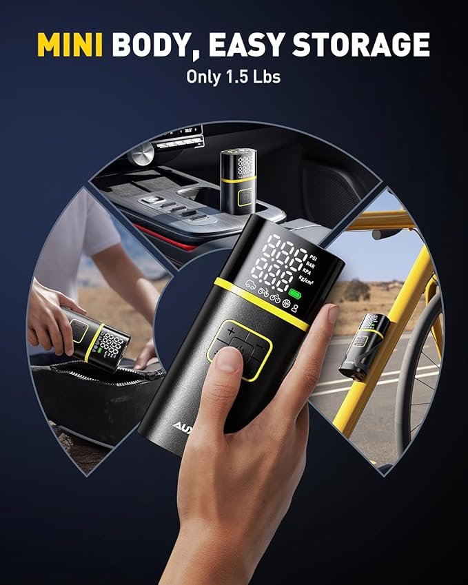 AUXITO AS1 Tire Inflator Portable Air Compressor - 150PSI Bike Pump 1Min Fast Inflate with Tire Pressure Gauge, 5200 mAh, LED Light, Car Accessories Air Pump for Auto, Moto, Bike Car Gifts for Men