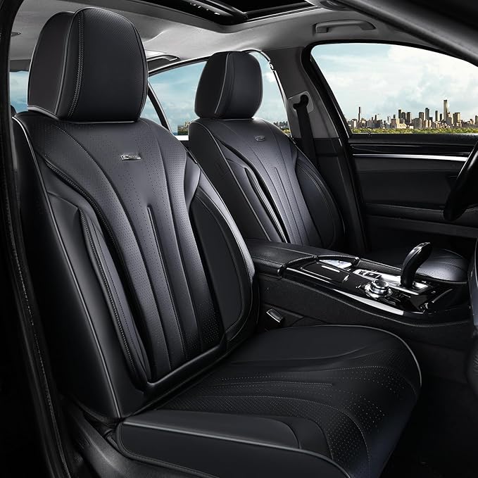 Coverado Car Seat Covers Front Seat, Breathable Nappa Leather Seat Cover, Black Seat Cover for Cars, Luxury Waterproof Car Seat Protector, Front Seat Cushion Universal Fit for Most Vehicles