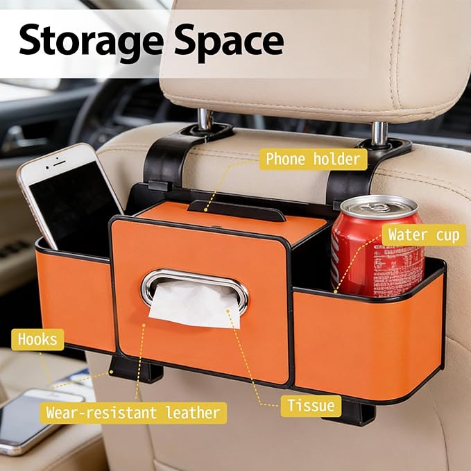 ZenChef Three-in-one Car Organizers and Storage, 2025 New Multi-function Car Tissue Holder, Multi-function Backseat Car Organizer with Cup Holder, Tissue Box, Hook (white)